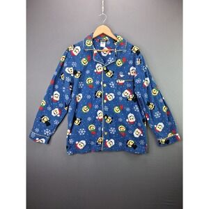 Joe Boxer Pajama Top Christmas Smiley Face Santa Medium Blue Flannel Button Up